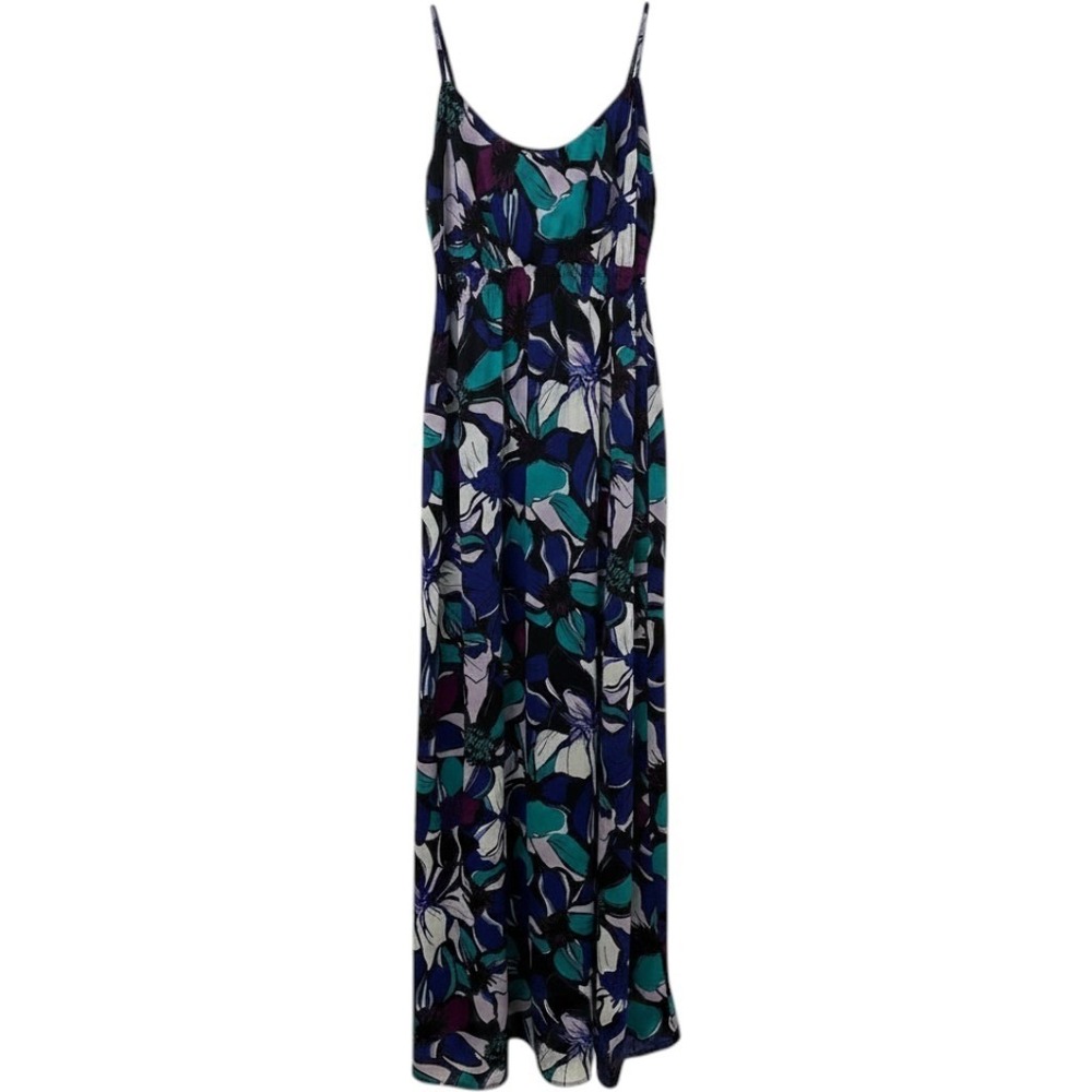 ELLE Womens Floral Maxi Dress Purple Teal Blue Empire Waist Smocked Large